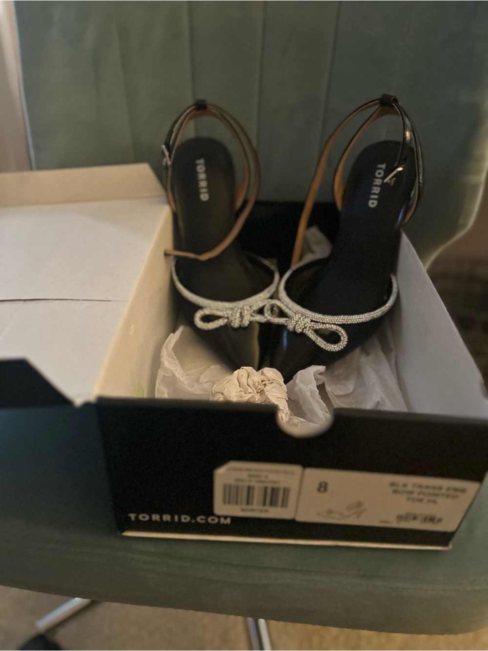 torrid Black Heels with Crystal Bow Ankle-Strap